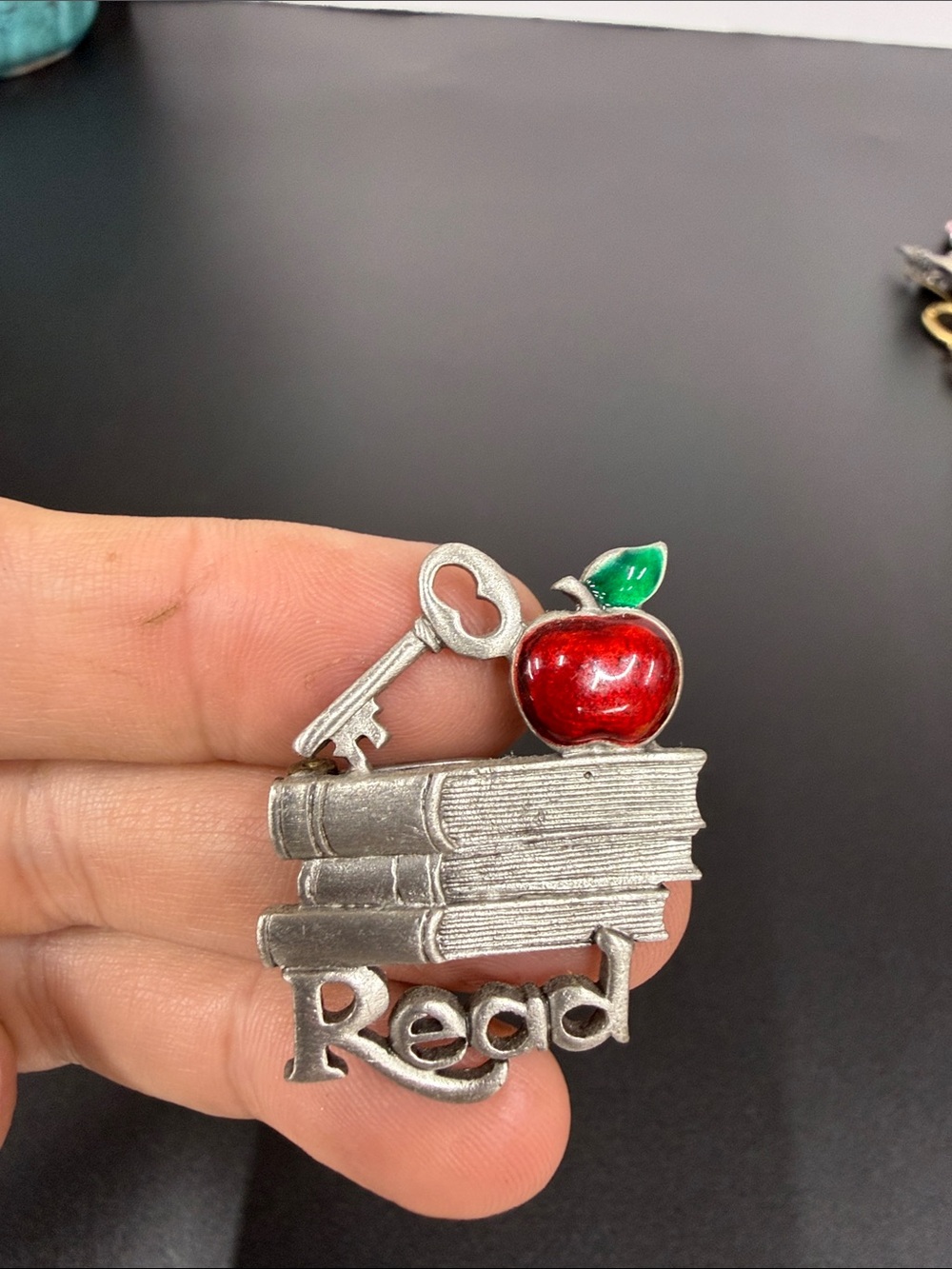 Silver Bookstack Brooch with Red Apple Accent